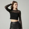 Siyah Tül Detaylı Uzun Kollu Crop Bluz