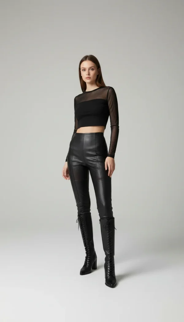 Siyah Tül Detaylı Uzun Kollu Crop Bluz